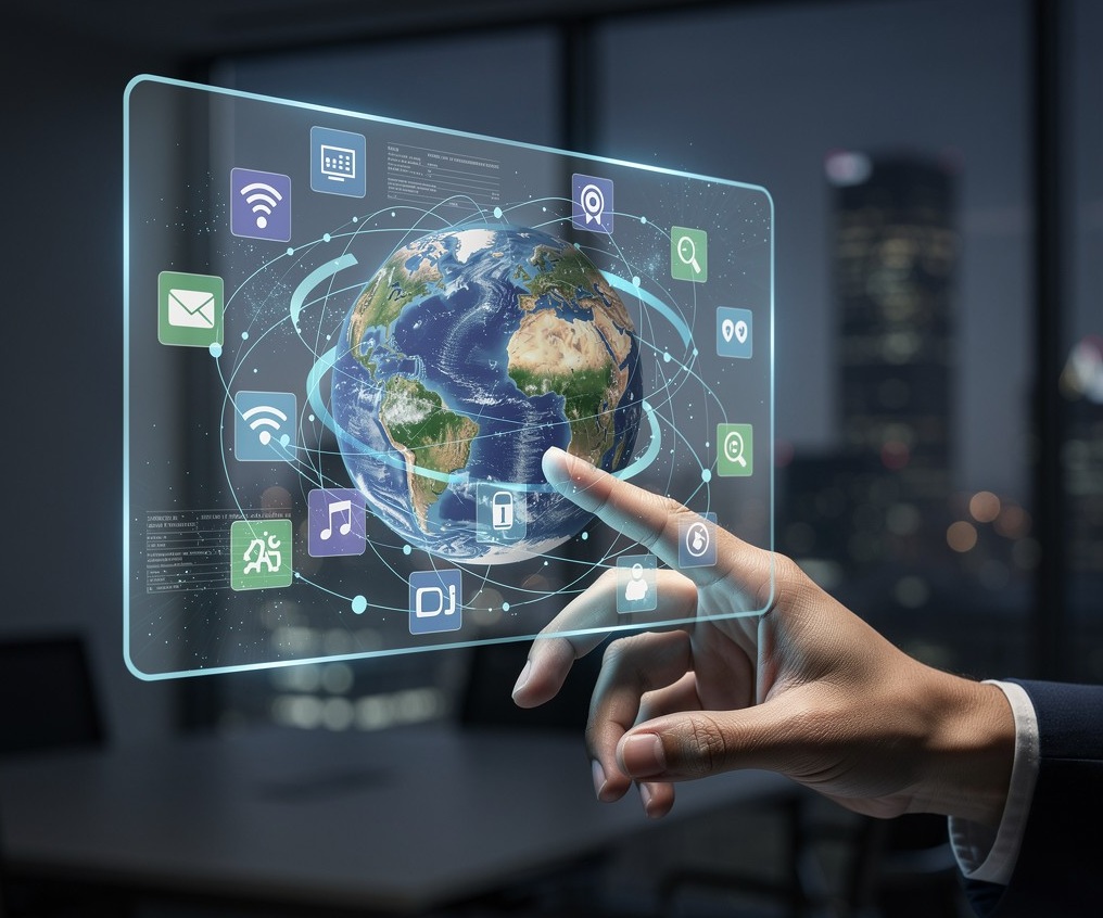 Hand interacting with a holographic interface of interconnected services orbiting a globe, representing CLAVON's ecosystem of Labs, Digital, Ventures, and Academy divisions