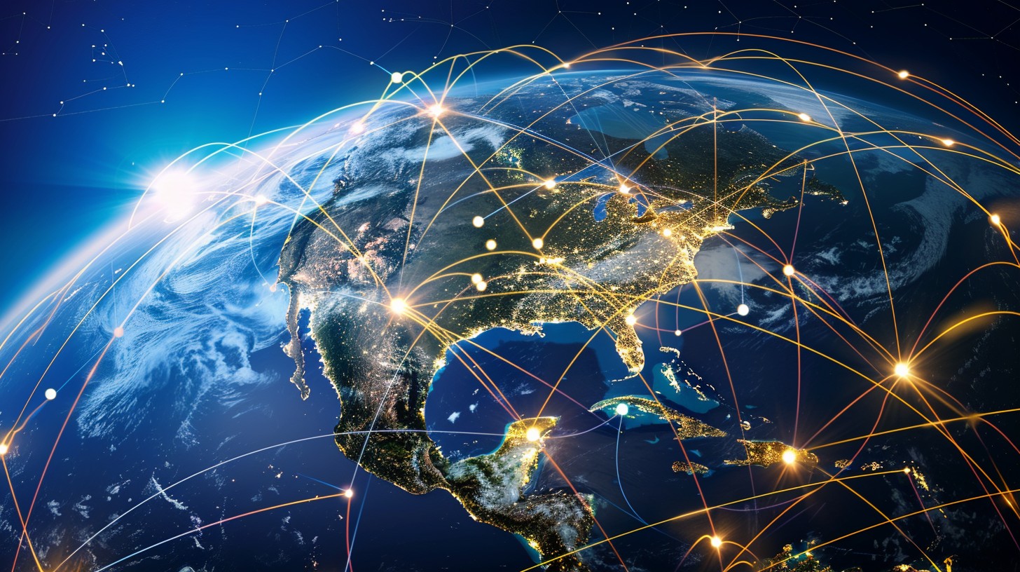 Interconnected global network of light arcs across the Earth representing CLAVON's dual Africa-Europe global execution model